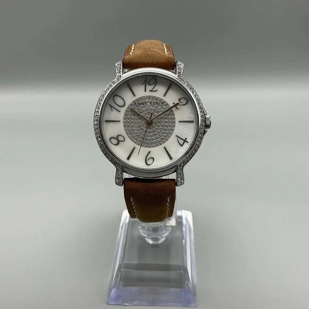 Anne Klein Womens Watch 37mm MOP Dial Brown Leather Crystals New Battery
